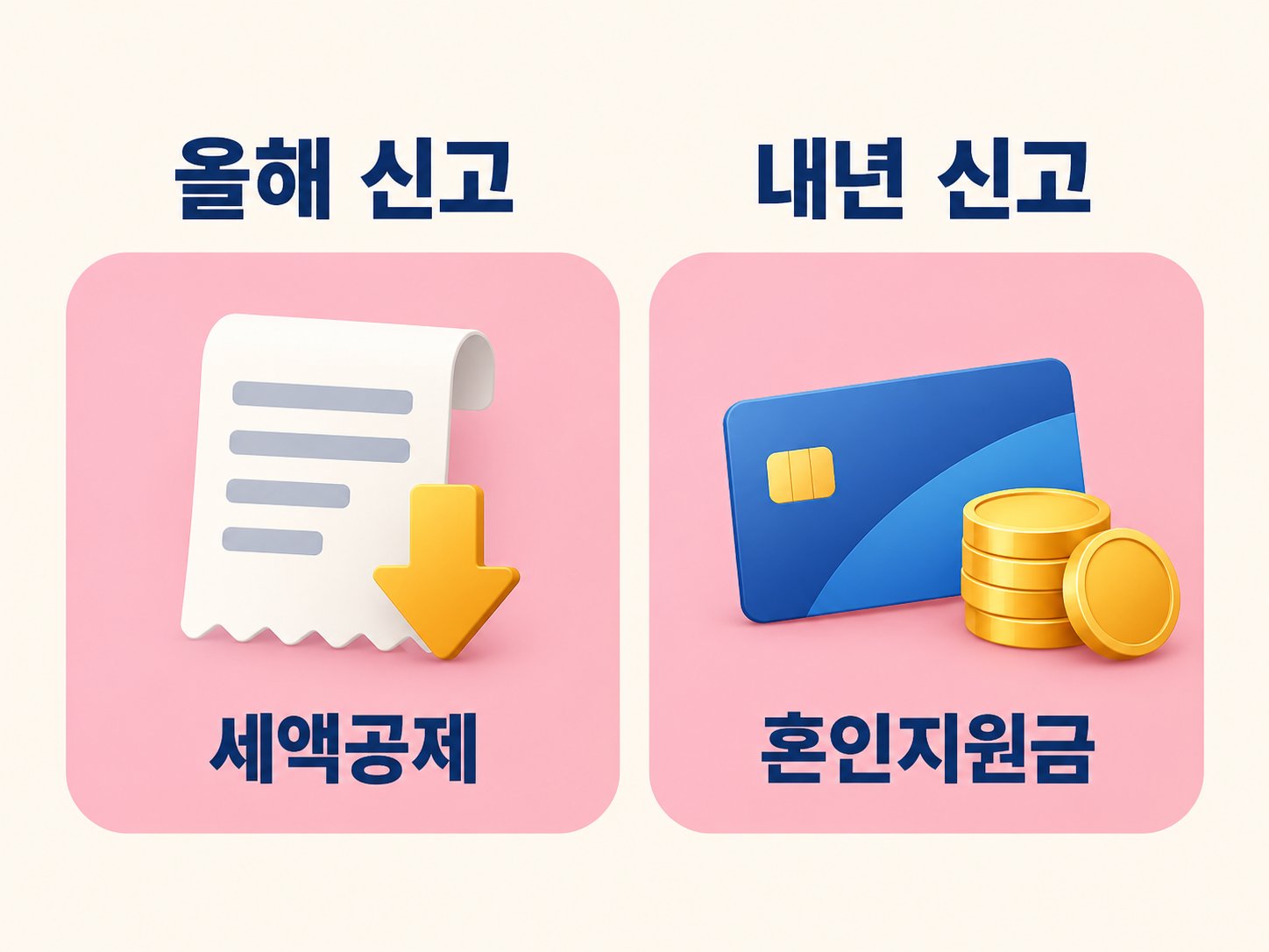 올해 신고 세액공제와 내년 신고 혼인지원금 비교 인포그래픽