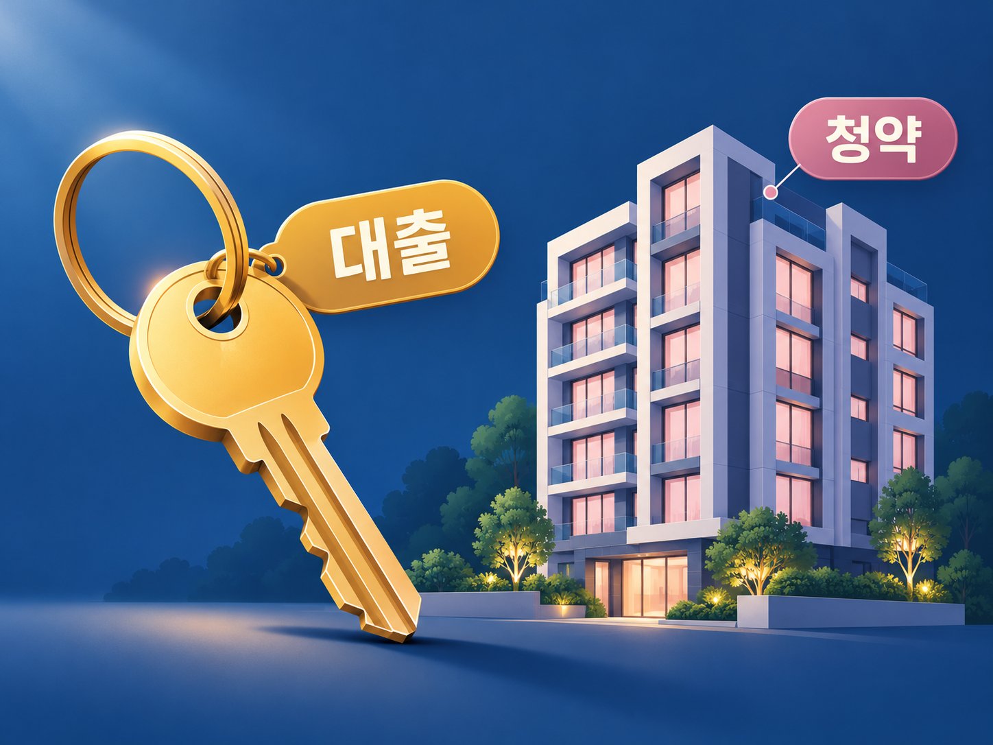 신혼부부 대출과 청약을 상징하는 아파트와 열쇠 일러스트