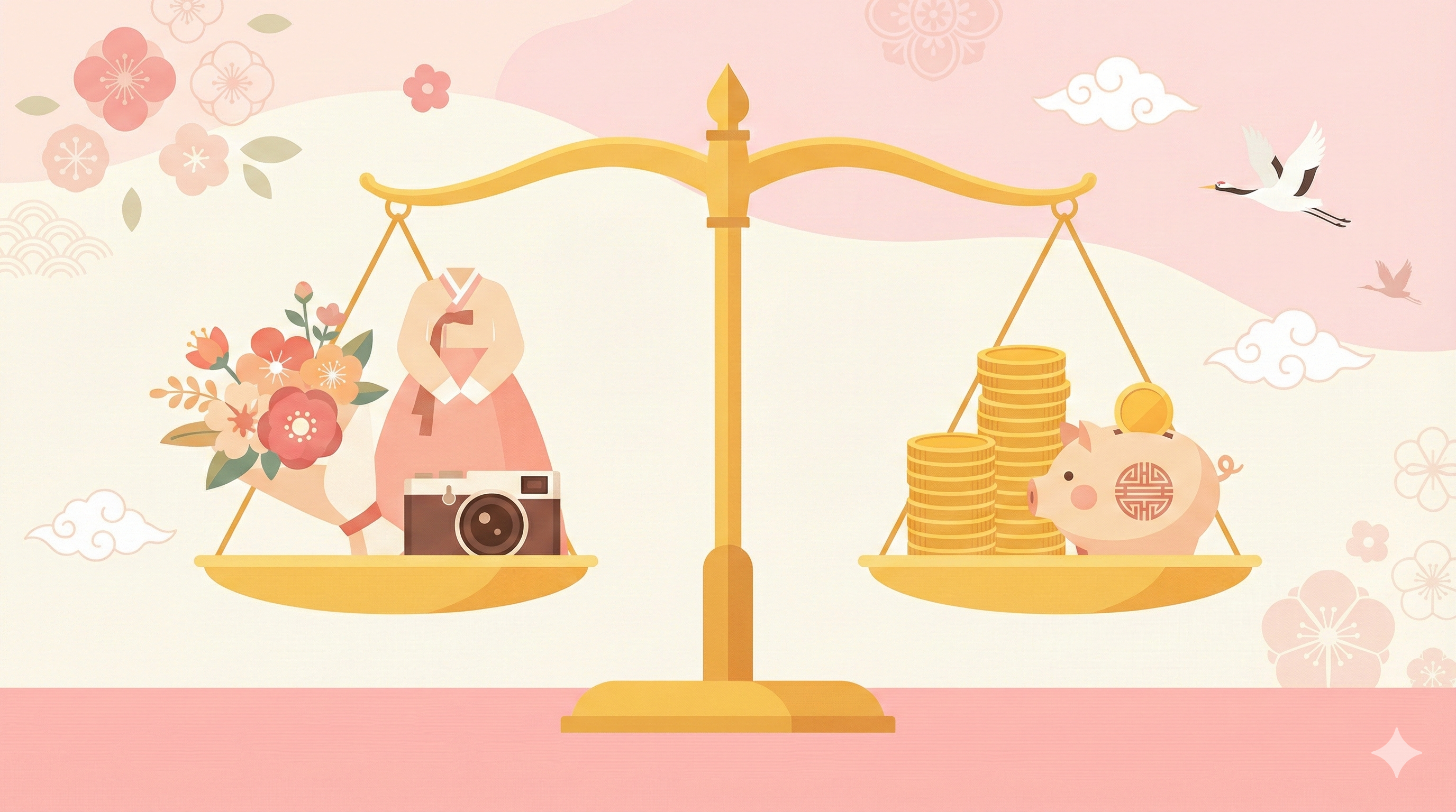 웨딩 예산 균형을 표현한 저울 이미지 - 절약과 투자의 균형