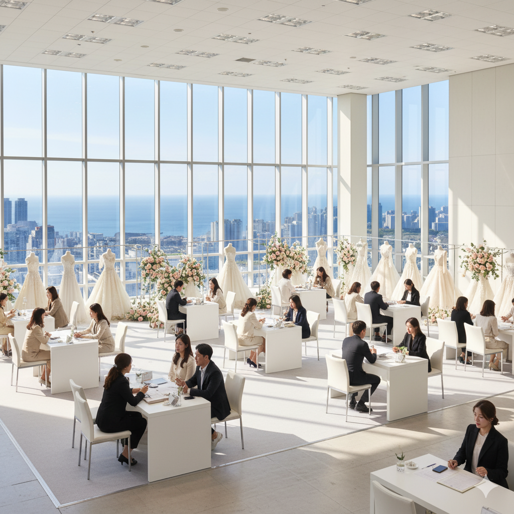 부산 벡스코 웨딩박람회 전경 - 넓은 전시장에서 웨딩 상담하는 예비부부들의 모습과 부산 도시 풍경