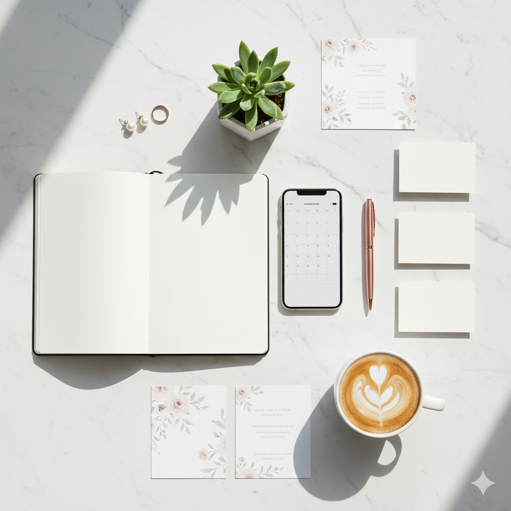 웨딩박람회 준비물과 체크리스트가 정리된 깔끔한 플랫레이 이미지, 노트북과 스마트폰, 메모장