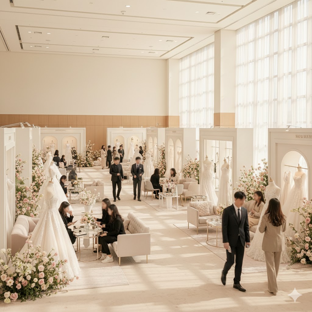 서울 대형 컨벤션센터에서 열리는 웨딩박람회 전경, 다양한 웨딩 업체 부스들과 예비 부부들이 상담받는 모습