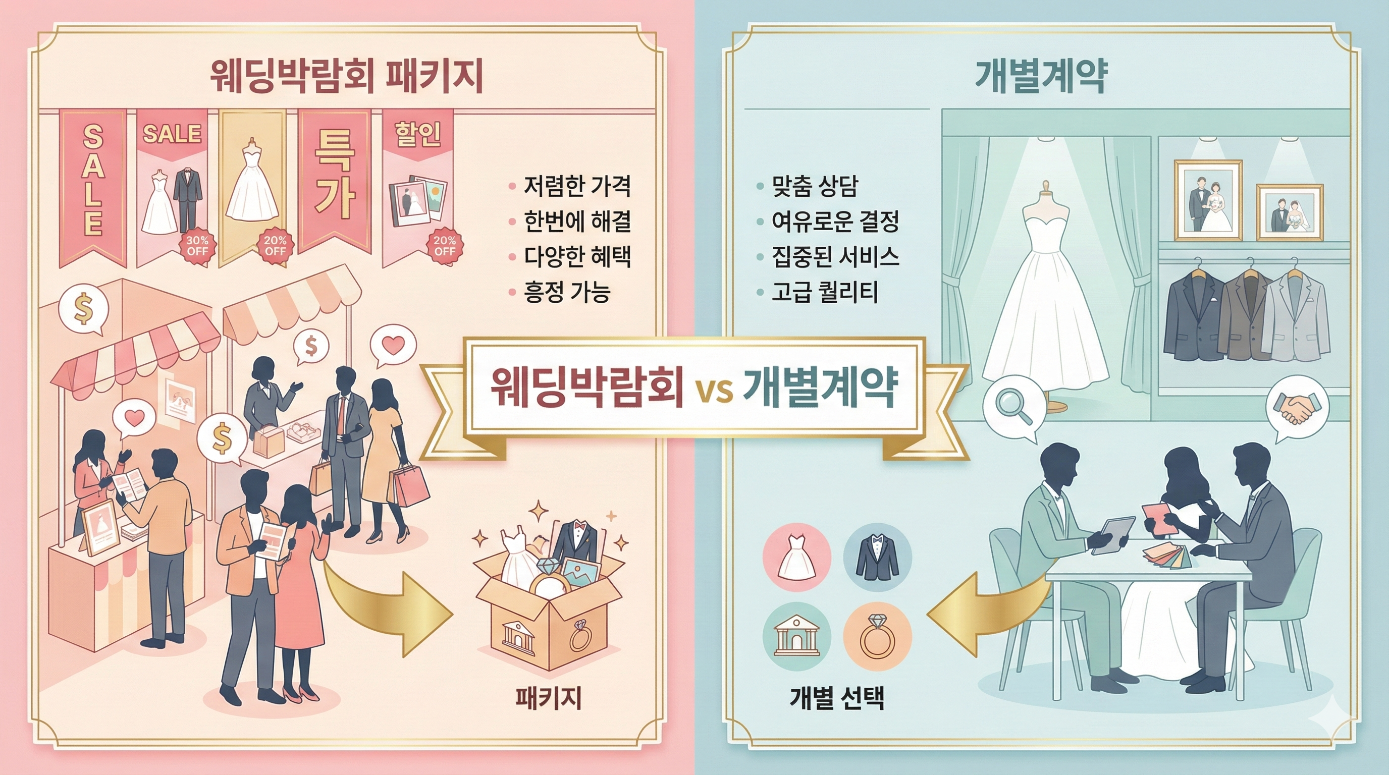 웨딩박람회와 개별 계약 비용 비교를 나타내는 인포그래픽 이미지