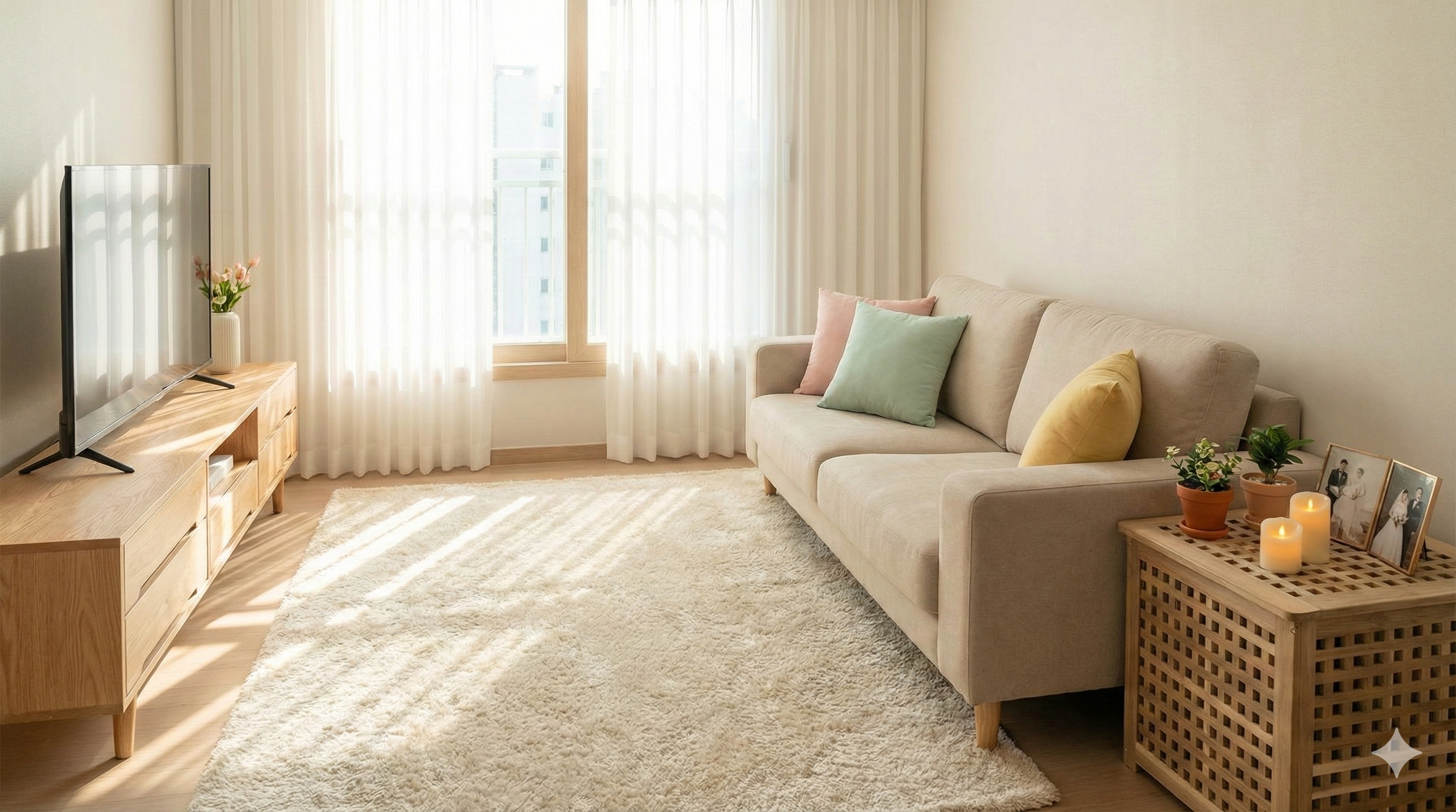 밝고 따뜻한 분위기의 신혼집 거실 인테리어 모습