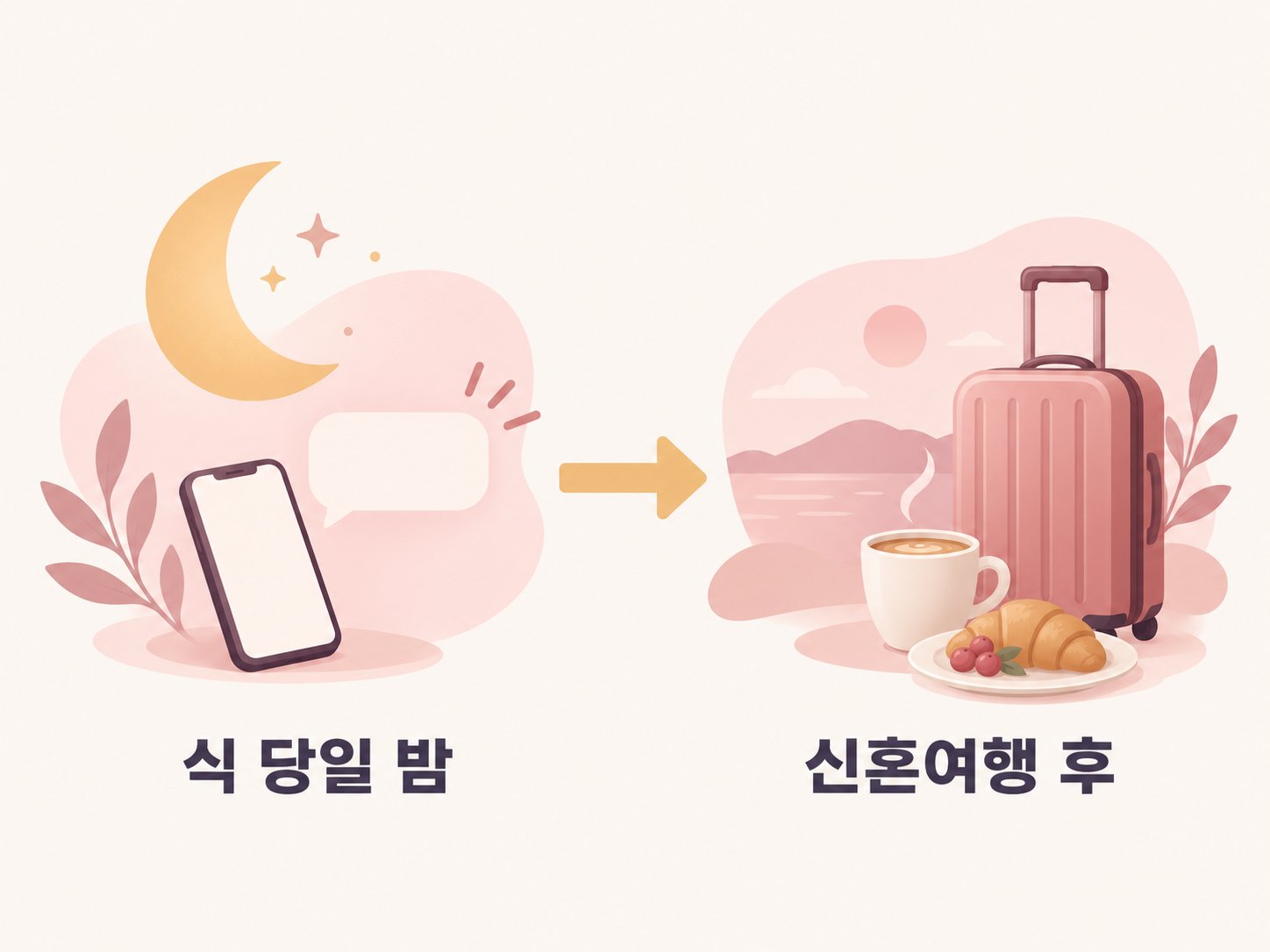 결혼식 감사 문자 1차 식 당일 밤, 2차 신혼여행 후로 나눈 타임라인 인포그래픽